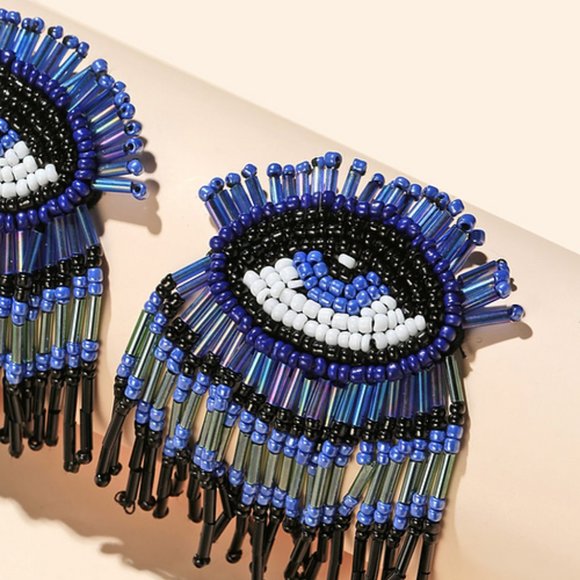 Hand beaded blue eye fringe earrings‎ Boho Funky Cute Party Festival Vacation - Picture 3 of 3